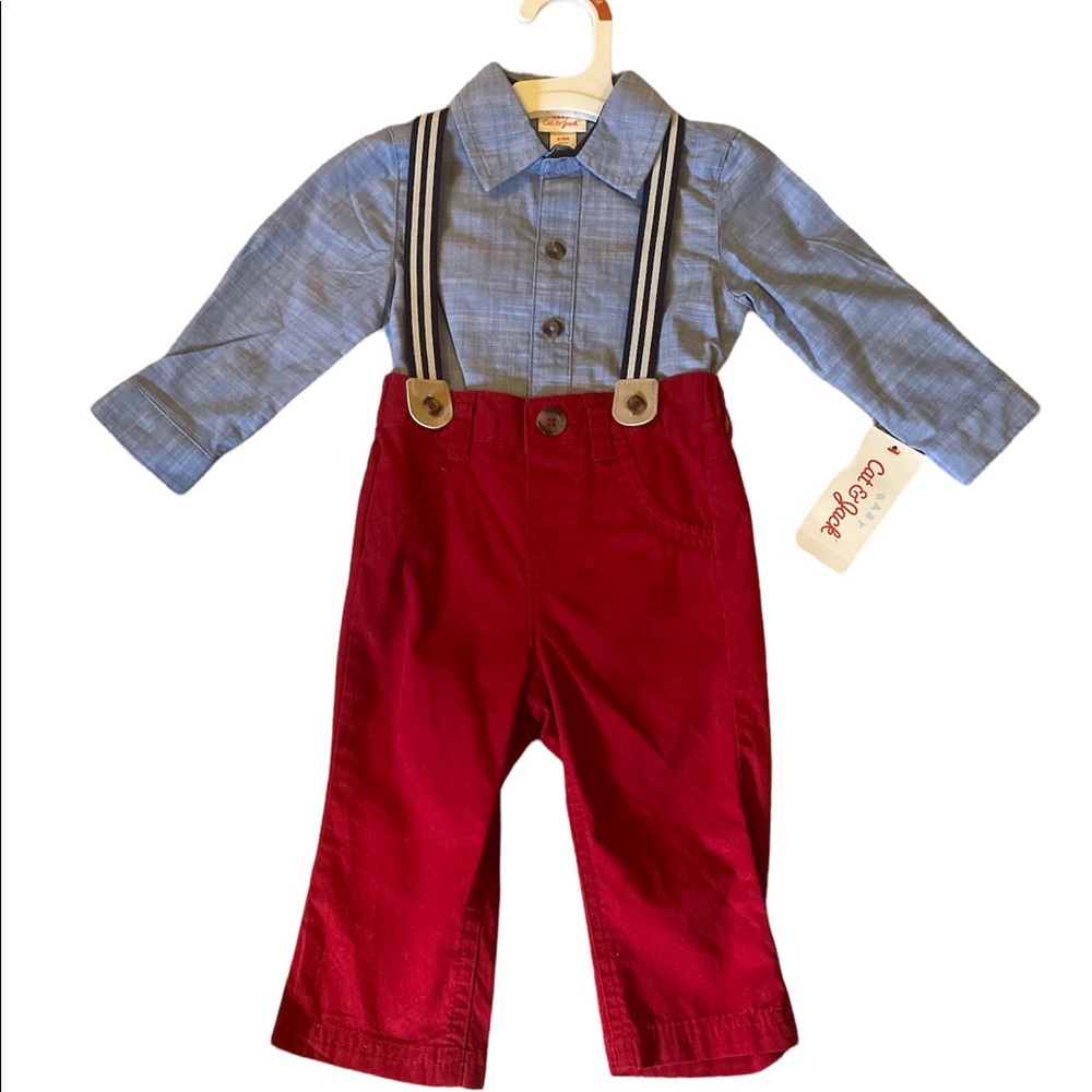 Super cute button down long sleeve dress onesie with matching pants suspenders